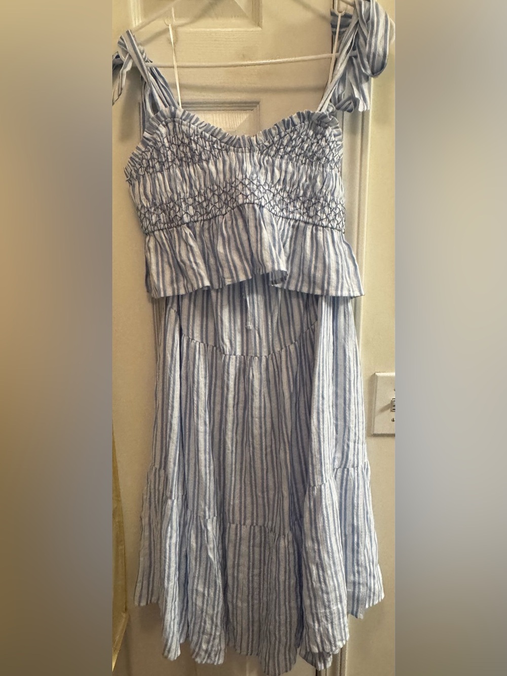 Light Blue and White Striped Summer Dress with Smocked Bodice